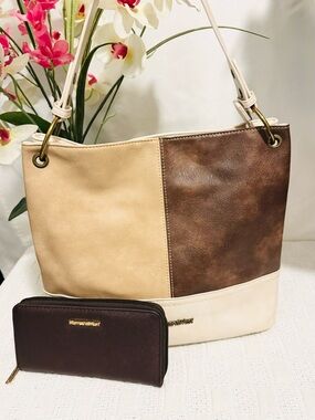 Montana West Two-Tone Brown, Tan & Cream Shoulder Bag with Matching Brown Wallet